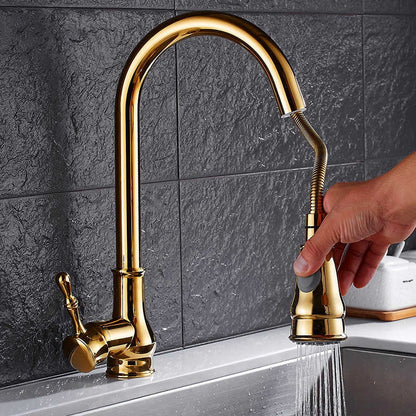 Golden Pull Out Kitchen Faucet Single Level Mixer Tap 2-way Pull Down Sprayer 360 Rotation Kitchen Faucet