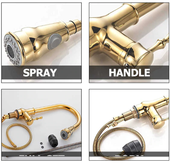 Golden Pull Out Kitchen Faucet Single Level Mixer Tap 2-way Pull Down Sprayer 360 Rotation Kitchen Faucet