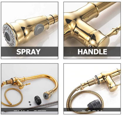 Golden Pull Out Kitchen Faucet Single Level Mixer Tap 2-way Pull Down Sprayer 360 Rotation Kitchen Faucet