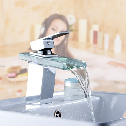 Juno 8" Widespread Single Handle Chrome Finish Color Changing LED Waterfall Bathroom Sink Faucet