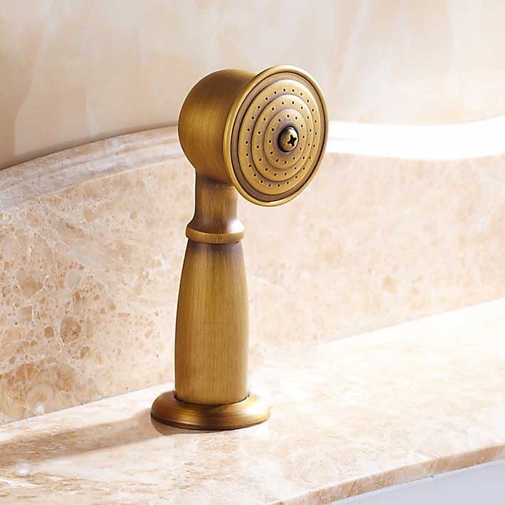 Raelynn Bath Tub Widespread Faucet With 3 Crystal Handles 5pcs Shower Faucet In Antique Brass With Spray Shower