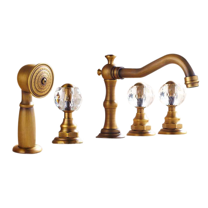 Raelynn Bath Tub Widespread Faucet With 3 Crystal Handles 5pcs Shower Faucet In Antique Brass With Spray Shower
