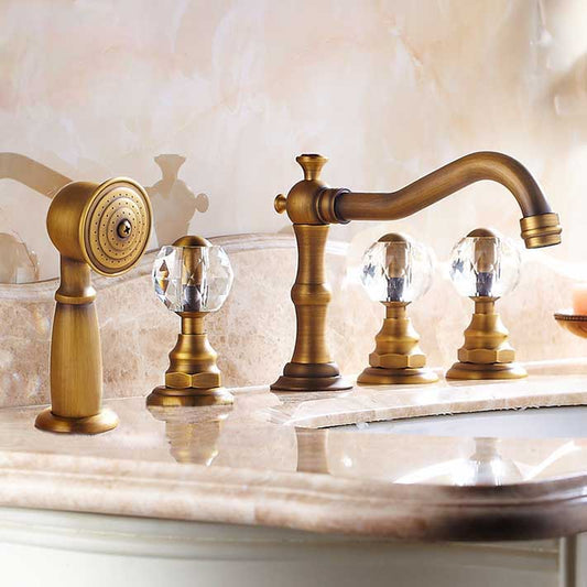 Raelynn Bath Tub Widespread Faucet With 3 Crystal Handles 5pcs Shower Faucet In Antique Brass With Spray Shower