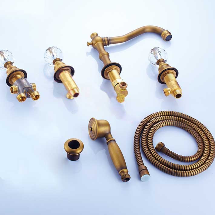 Raelynn Bath Tub Widespread Faucet With 3 Crystal Handles 5pcs Shower Faucet In Antique Brass With Spray Shower