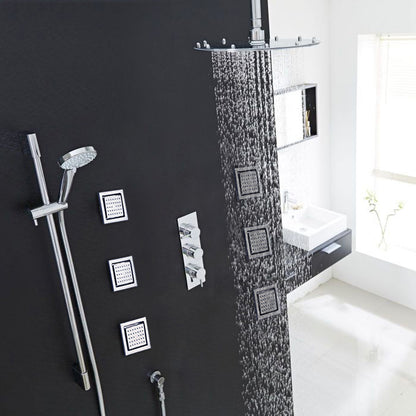 Juno 8", 10", 12", 16" Milano Chrome Finish Ceiling Mount Shower Head with 6 Body Jets & Hand Shower