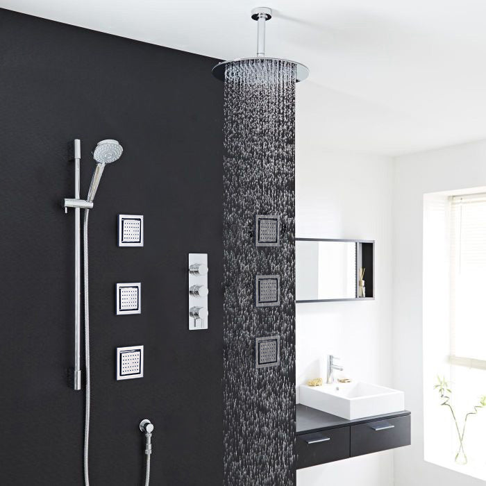 Juno 8", 10", 12", 16" Milano Chrome Finish Ceiling Mount Shower Head with 6 Body Jets & Hand Shower