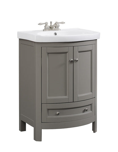 Juno 24 inch Wide All Wood Modern Gray Vanity With Vitreous Top 2 Doors and 1 Slow Close Arch Drawer