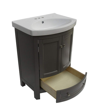 Juno 24 inch Wide All Wood Modern Gray Vanity With Vitreous Top 2 Doors and 1 Slow Close Arch Drawer