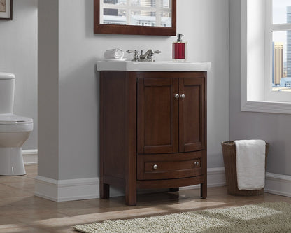 Juno 24 inch Wide All Wood Modern Walnut Finish Vanity With Vitreous Top 2 Doors and 1 Slow Close Arch Drawer