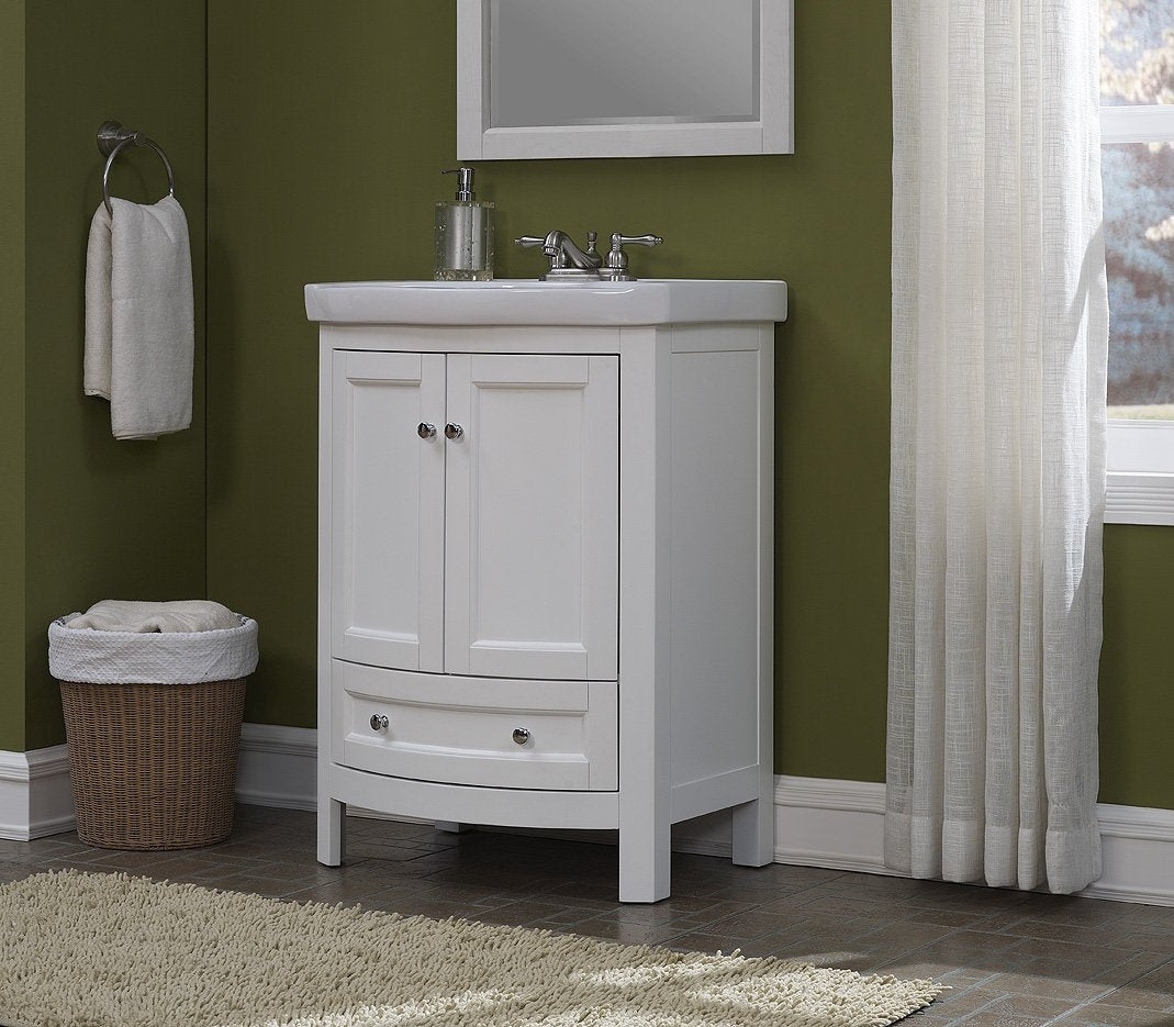 Juno 24 inch Wide All Wood Modern White Vanity With Vitreous Top 2 Doors and 1 Slow Close Arch Drawer