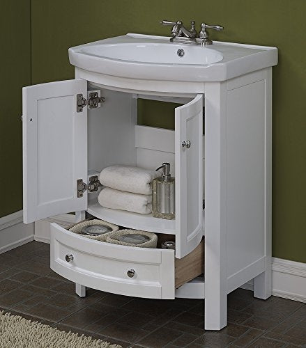Juno 24 inch Wide All Wood Modern White Vanity With Vitreous Top 2 Doors and 1 Slow Close Arch Drawer