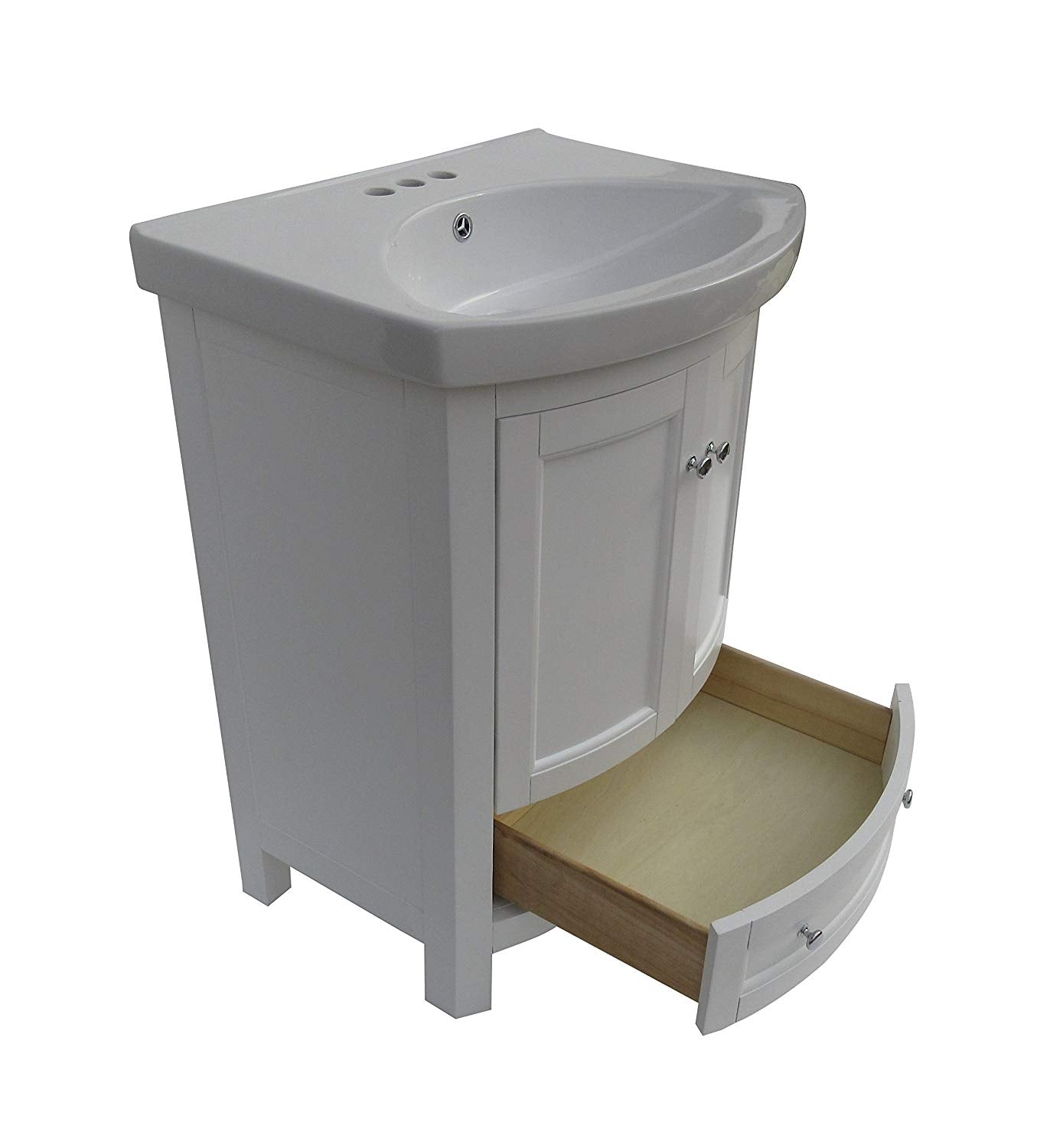 Juno 24 inch Wide All Wood Modern White Vanity With Vitreous Top 2 Doors and 1 Slow Close Arch Drawer