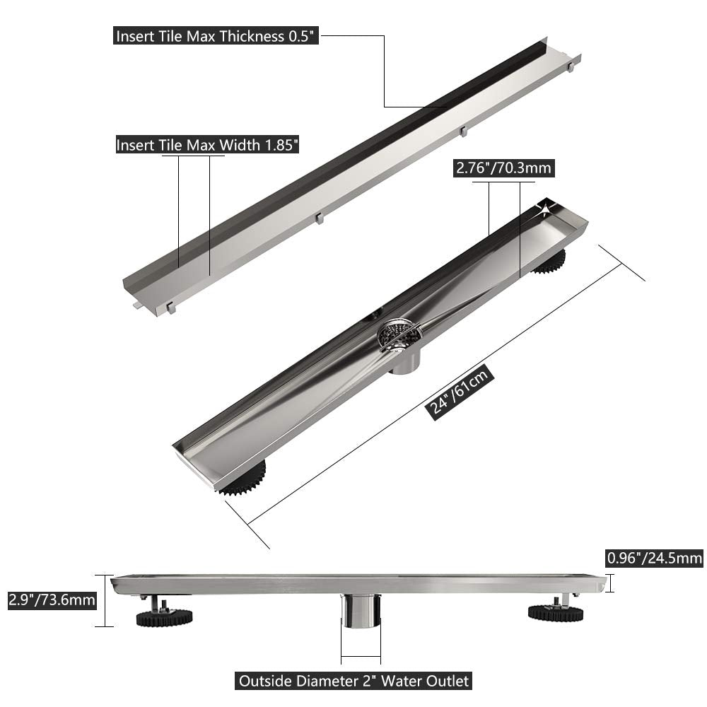 Juno 24 Inch Rectangular Linear Shower Drain In Brushed Nickel With Threaded Adapter