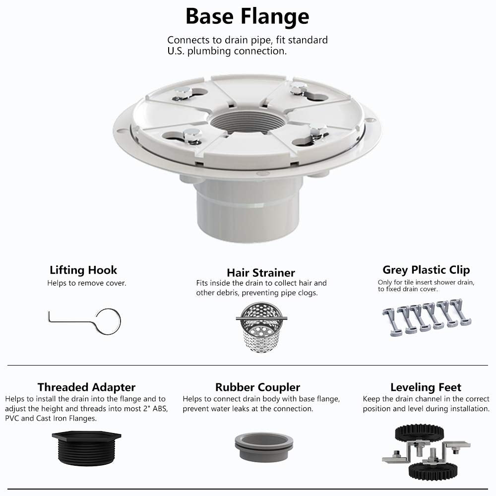 Juno 24 Inch Rectangular Linear Shower Drain In Brushed Nickel With Threaded Adapter