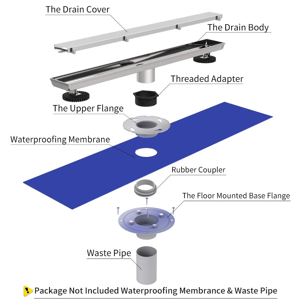 Juno 24 Inch Rectangular Linear Shower Drain In Brushed Nickel With Threaded Adapter