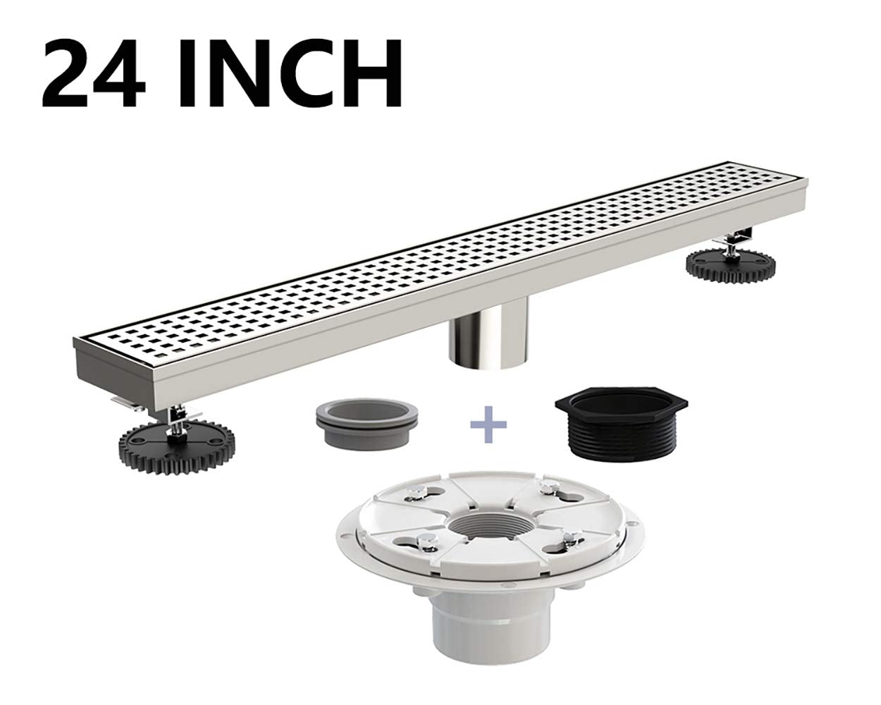 Juno 24 Inch Rectangular Grate Linear Drain for Shower In Brushed Nickel With Threaded Adapter