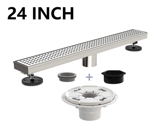 Juno 24 Inch Rectangular Grate Linear Drain for Shower In Brushed Nickel With Threaded Adapter