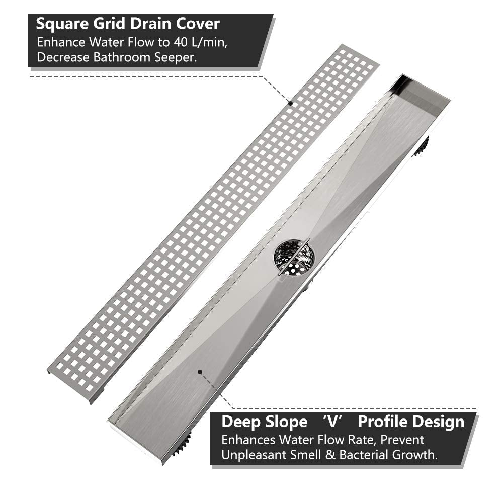 Juno 24 Inch Rectangular Grate Linear Drain for Shower In Brushed Nickel With Threaded Adapter