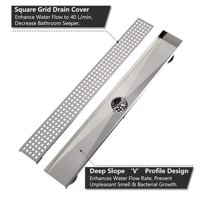 Juno 24 Inch Rectangular Grate Linear Drain for Shower In Brushed Nickel With Threaded Adapter