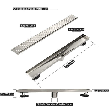 Juno 24 Inch Rectangular Grate Linear Drain for Shower In Brushed Nickel With Threaded Adapter