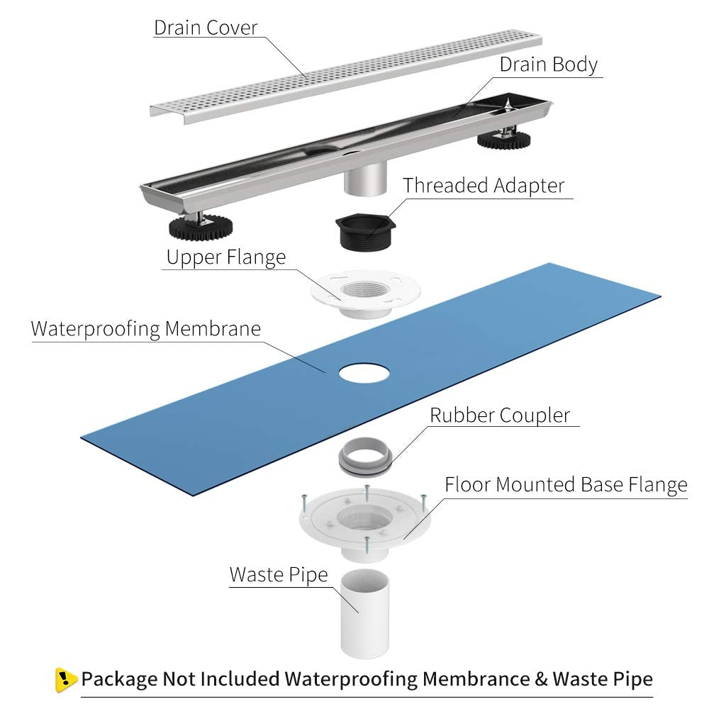 Juno 24 Inch Rectangular Grate Linear Drain for Shower In Brushed Nickel With Threaded Adapter