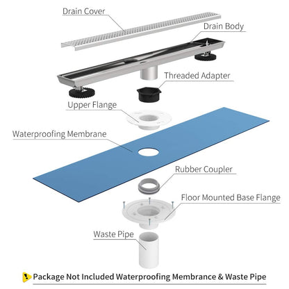 Juno 24 Inch Rectangular Grate Linear Drain for Shower In Brushed Nickel With Threaded Adapter