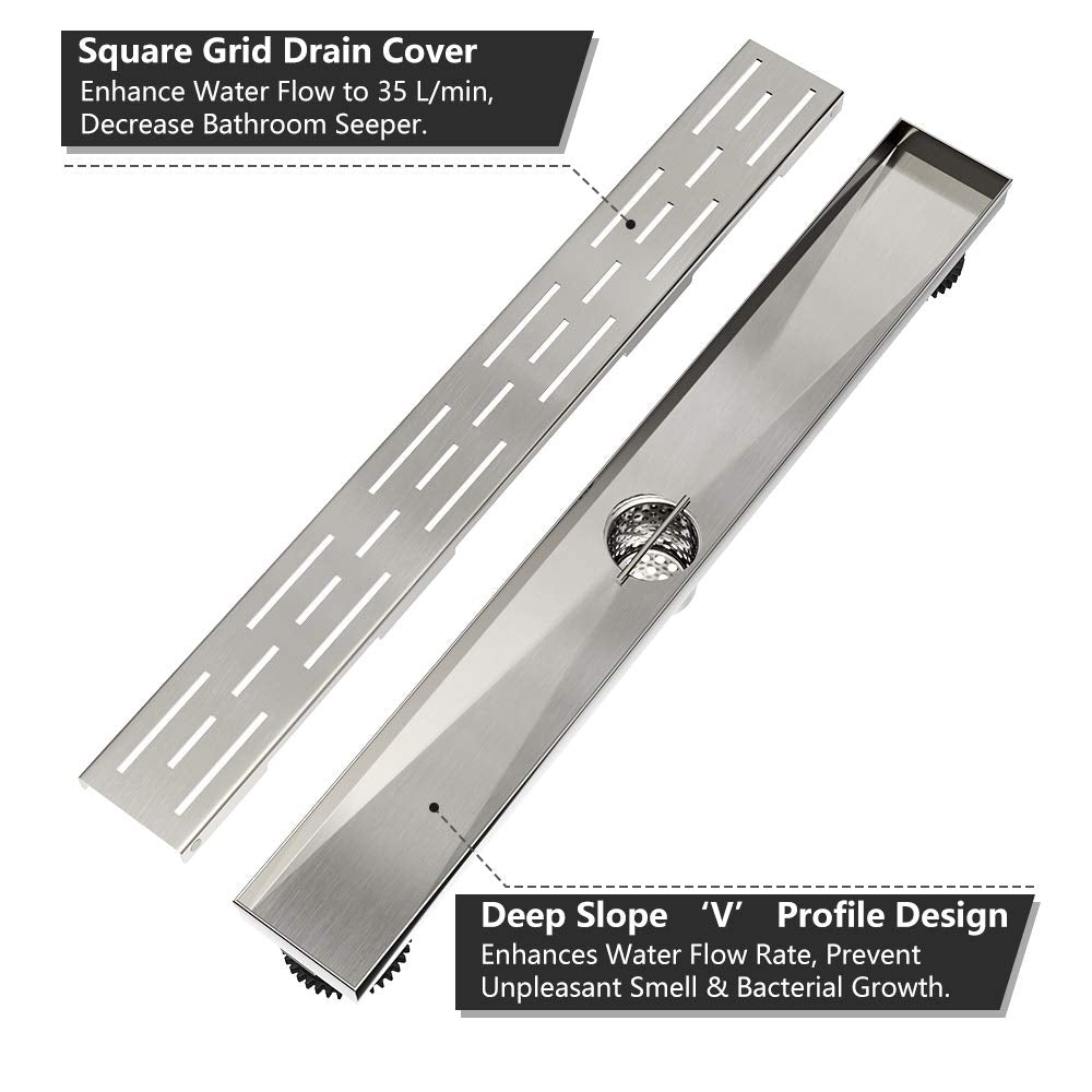 Juno 24 Inch Rectangular Brick Linear Drain for Shower In Brushed Nickel With Threaded Adapter