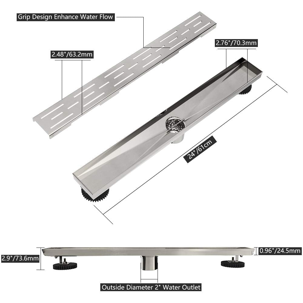 Juno 24 Inch Rectangular Brick Linear Drain for Shower In Brushed Nickel With Threaded Adapter