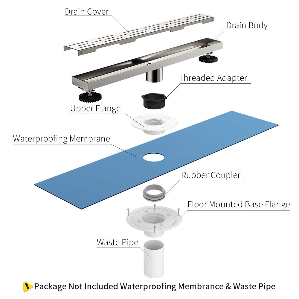 Juno 24 Inch Rectangular Brick Linear Drain for Shower In Brushed Nickel With Threaded Adapter