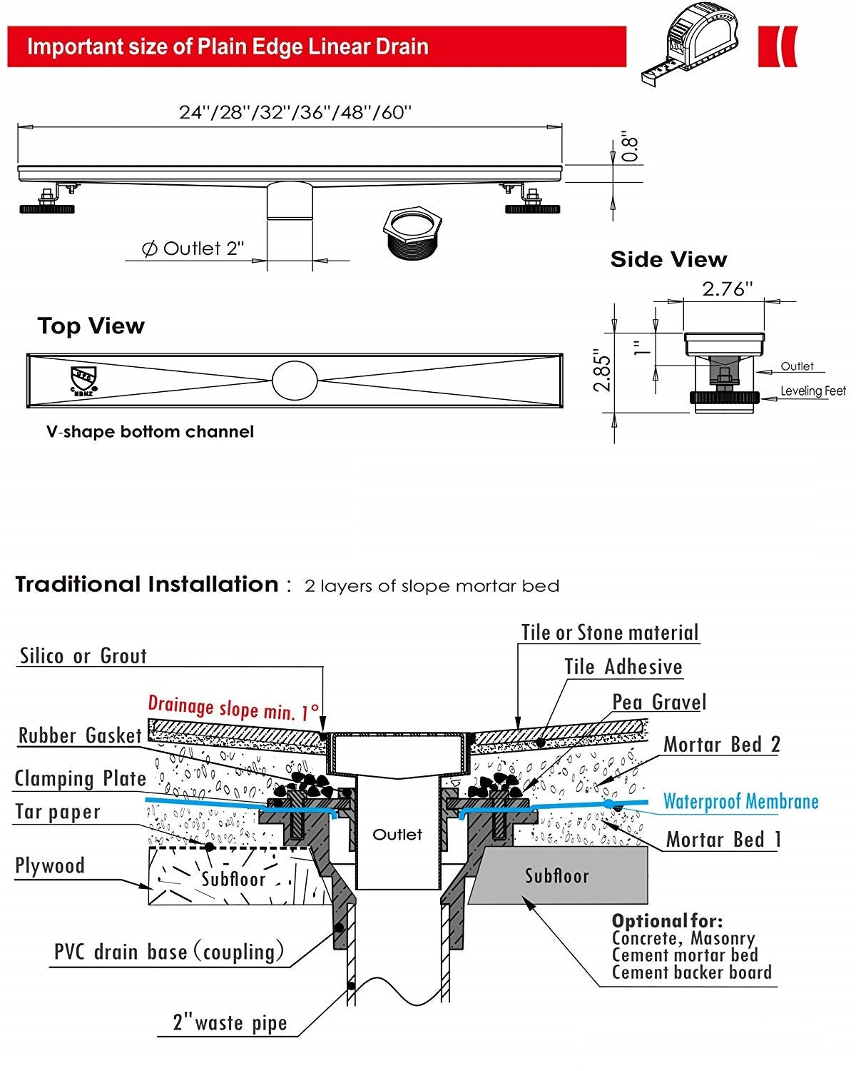 Juno 32 Inch Rectangular Brick Pattern Linear Shower Drain In Stainless Steel Includes Hair Strainer