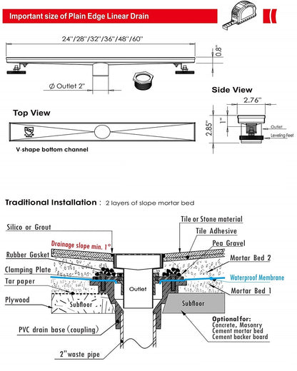 Juno 32 Inch Rectangular Brick Pattern Linear Shower Drain In Stainless Steel Includes Hair Strainer