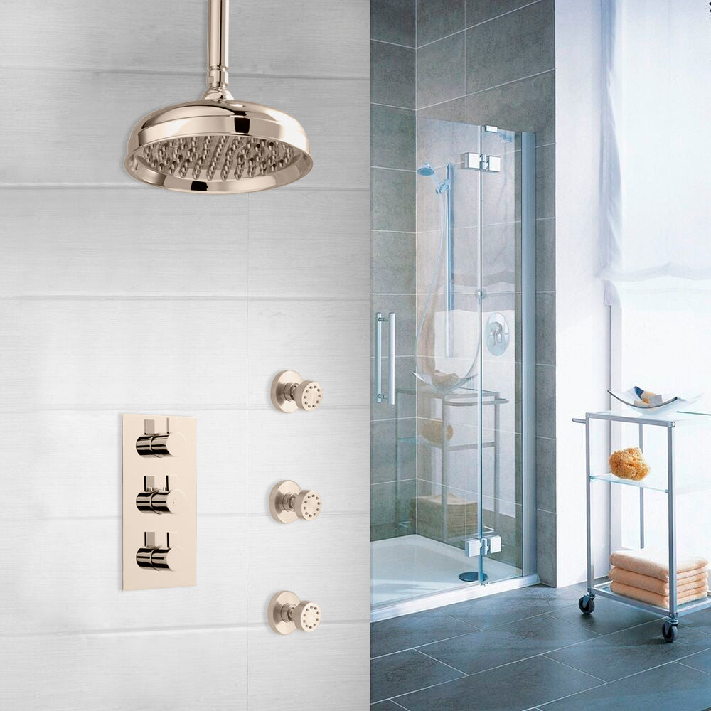 Brushed Nickel Shower System with Rainfall Round Shower Head