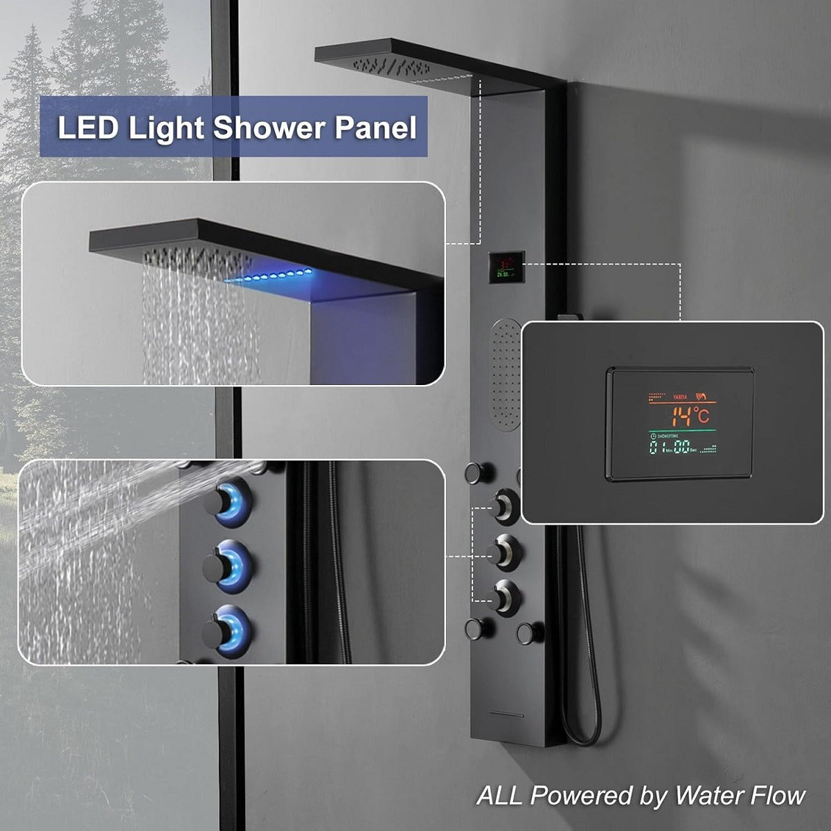 Juno Black Shower Tower Black LED Light Shower Tower with Body Jet Massage Shower Tower