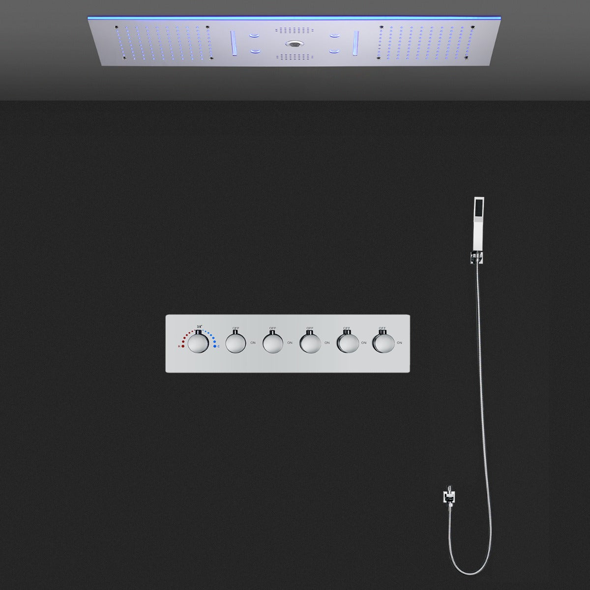 Juno Ceiling Concealed Chrome LED Shower Head Panel Kit with Bluetooth Music and Thermostatic Mixer Valve
