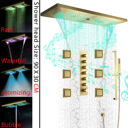 Juno Ceiling Embedded LED Music Rain Waterfall Shower Set with Thermostatic Control and Seven Handles