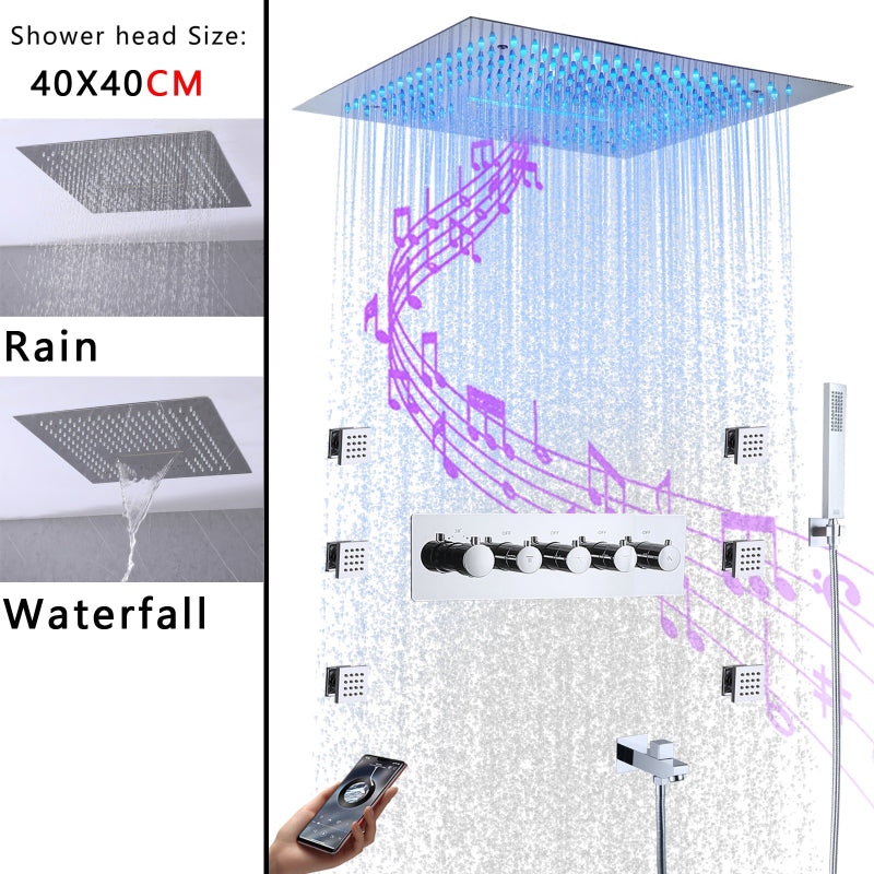 Juno Ceiling Embedded LED Music Rain Waterfall Shower Set with Thermostatic Control and Seven Handles