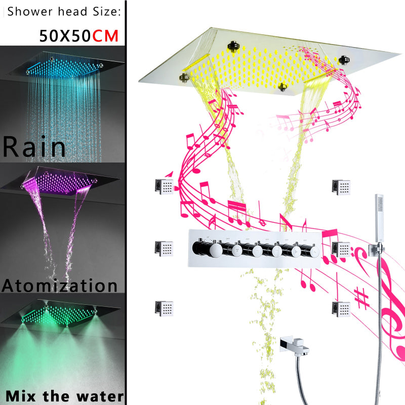 Juno Ceiling Embedded LED Music Rain Waterfall Shower Set with Thermostatic Control and Seven Handles