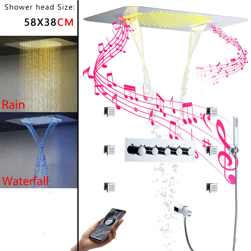 Juno Ceiling Embedded LED Music Rain Waterfall Shower Set with Thermostatic Control and Seven Handles
