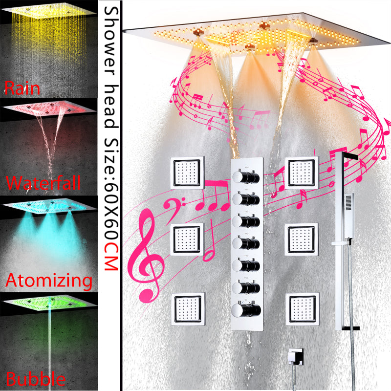 Juno Ceiling Embedded LED Music Rain Waterfall Shower Set with Thermostatic Control and Seven Handles