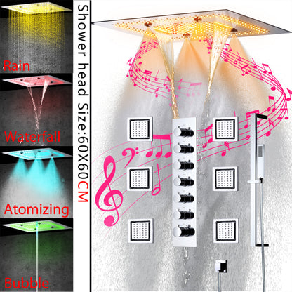 Juno Ceiling Embedded LED Music Rain Waterfall Shower Set with Thermostatic Control and Seven Handles