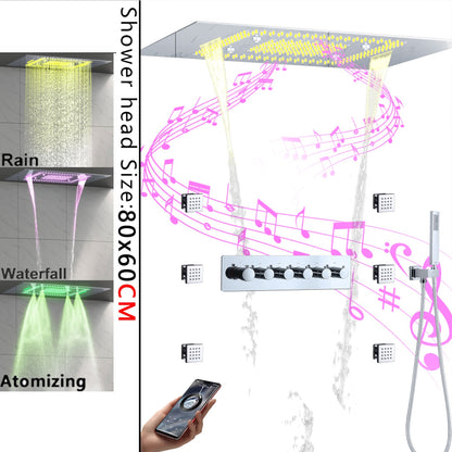 Juno Ceiling Embedded LED Music Rain Waterfall Shower Set with Thermostatic Control and Seven Handles