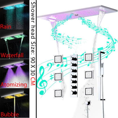 Juno Ceiling Embedded LED Music Rain Waterfall Shower Set with Thermostatic Control and Seven Handles