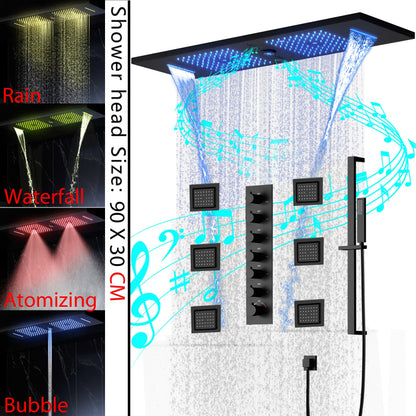 Juno Ceiling Embedded LED Music Rain Waterfall Shower Set with Thermostatic Control and Seven Handles
