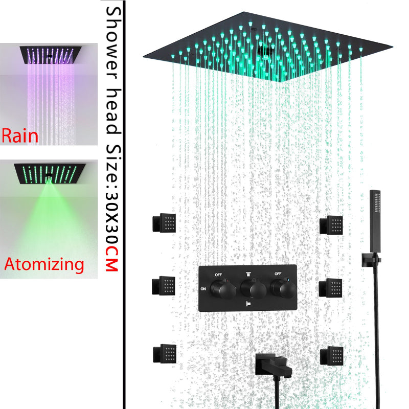 Juno Ceiling Embedded LED Music Rain Waterfall Shower Set with Thermostatic Control and Seven Handles