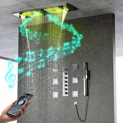 Juno Ceiling Embedded LED Music Rain Waterfall Shower Set with Thermostatic Control and Seven Handles