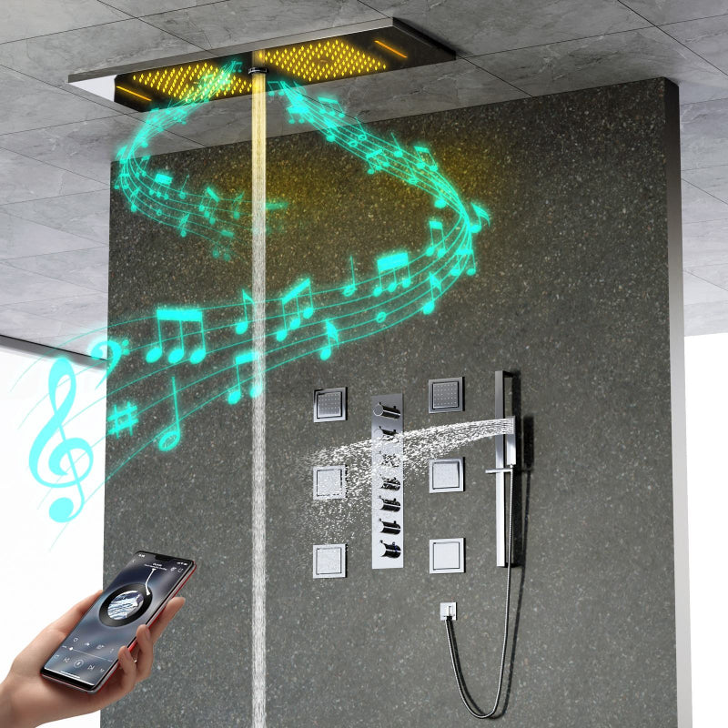 Juno Ceiling Embedded LED Music Rain Waterfall Shower Set with Thermostatic Control and Seven Handles