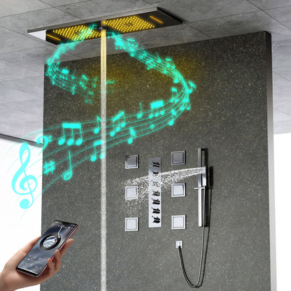 Juno Ceiling Embedded LED Music Rain Waterfall Shower Set with Thermostatic Control and Seven Handles