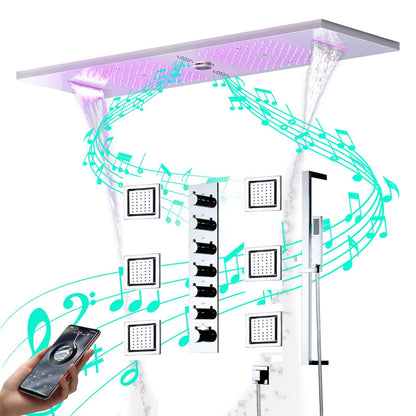 Juno Ceiling Embedded LED Music Rain Waterfall Shower Set with Thermostatic Control and Seven Handles