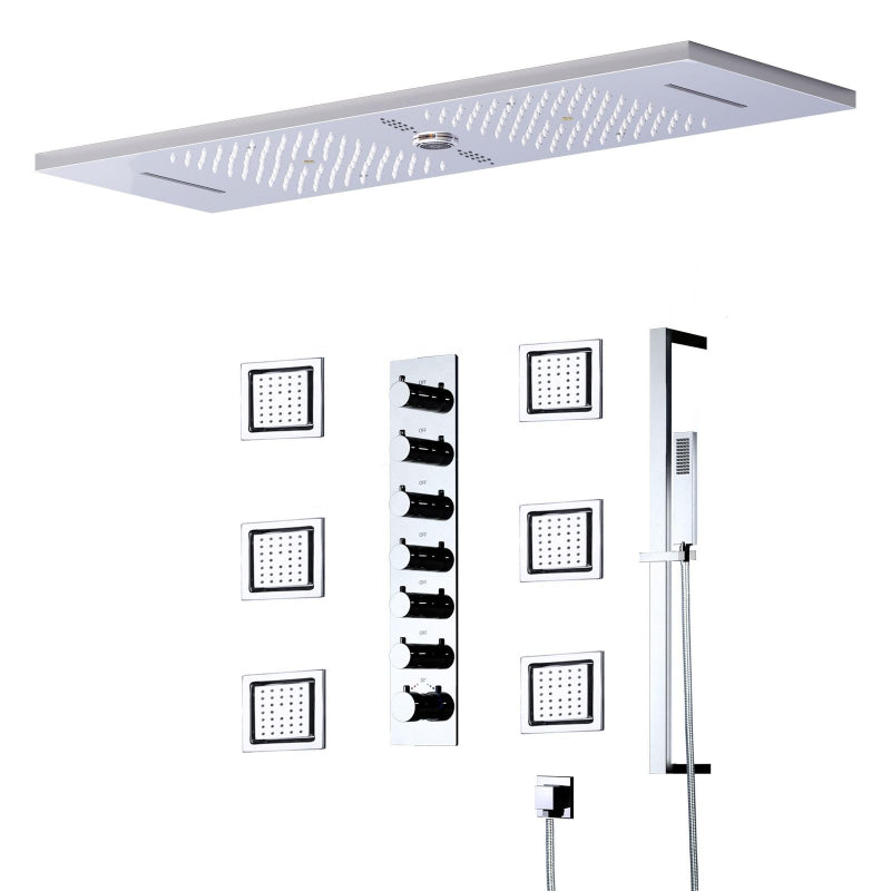 Juno Ceiling Embedded LED Music Rain Waterfall Shower Set with Thermostatic Control and Seven Handles