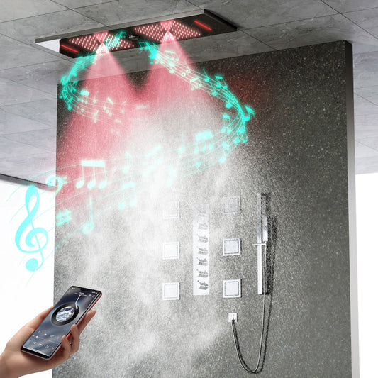 Juno Ceiling Embedded LED Music Rain Waterfall Shower Set with Thermostatic Control and Seven Handles
